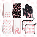 8 Pcs Cute Pink Bow Kitchen Towels and Dishcloths Sets Oven Mitts Pot Holders Set Mother's Day Absorbent Decor Accessories Gloves Potholders Heat Resistant for Chef Baking Cooking Home Gifts