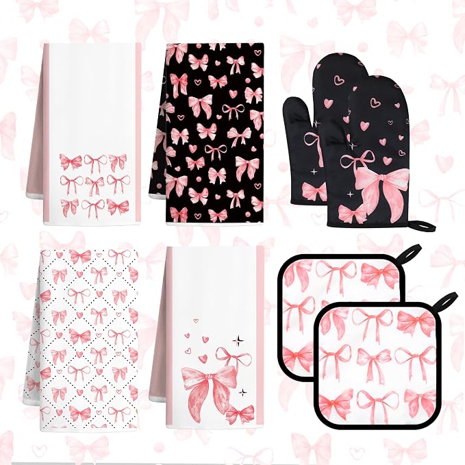 8 Pcs Cute Pink Bow Kitchen Towels and Dishcloths Sets Oven Mitts Pot Holders Set Mother's Day Absorbent Decor Accessories Gloves Potholders Heat Resistant for Chef Baking Cooking Home Gifts