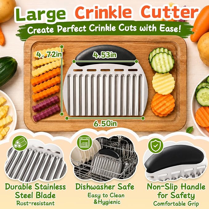 JAYVAR Large Crinkle Cutter French Fry Cutter, Stainless Steel Wavy Slicer | Large Crinkle Potato Slicer Wavy Chopper, Crinkle Cutting Chopping Tools with Handle