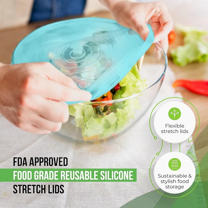 Reusable Silicone Stretch Lids for Food Storage in Fridge - Elastic Heat-Resistant Bowl Covers, Cups, Cans, Jars - Universal Food Grade Lid for Containers - 7 Pack - Light Green Stretchy Lid Set