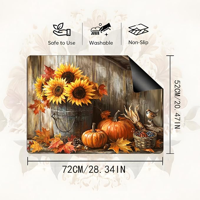 Fall Pumpkin Sunflower Stove Top Cover 28.3 x 20.5 Inch, Rustic Farmhouse Glass Cooktop Protector Mat, Autumn Harvest Electric Range Cover for Kitchen Counter Decor(Orange Sunflower)