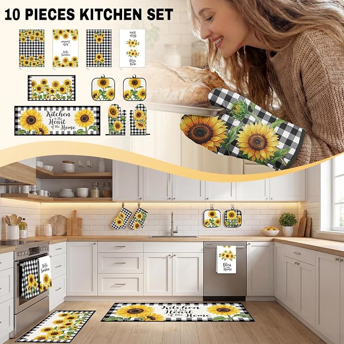10 Pcs Kitchen Decor and Accessories Set, SunflowerRustic Botanical | Floral 4 Dish Towels Kitchen Rugs 2 Oven Mitts 2 Pot Holders, Home Decor for Cooking Baking BBQ Gifts Women Mom Housewarming