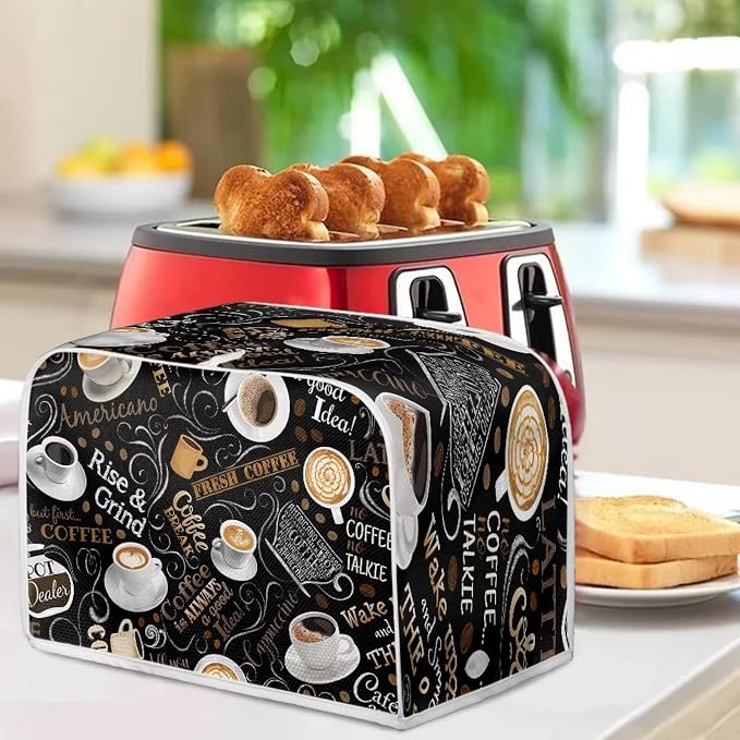 Coffee Theme Print 4 Slice Toaster Cover Kitchen Small Appliance Covers Universal Size Microwave Oven Dustproof Cover Women
