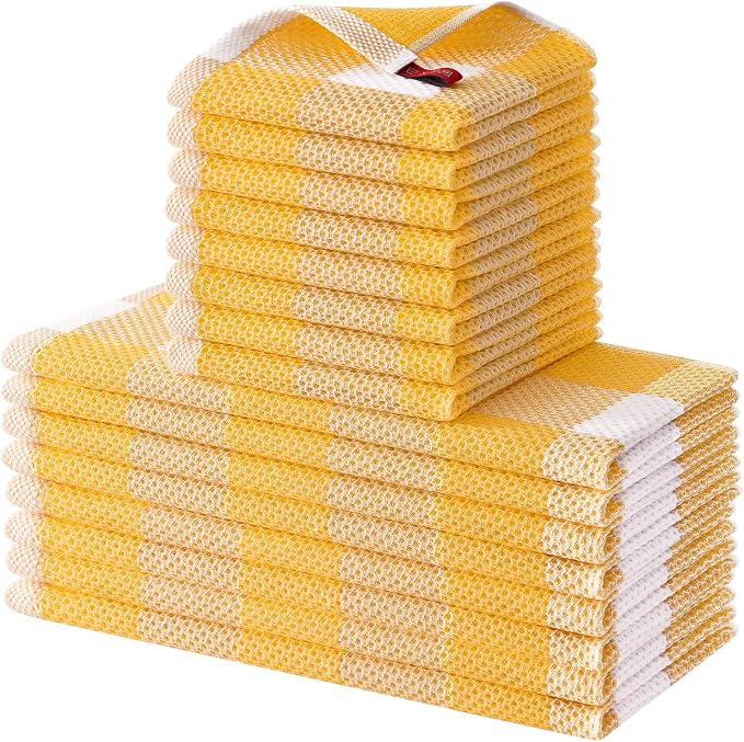 Homaxy Kitchen Towels and Dishcloths Set, Set of 16, White & Golden Yellow | Bulk Cotton Waffle Weave Check Plaid Kitchen Towels, Super Soft and Absorbent Dish Cloths, 12 x 12 and 13 x 28 Inches
