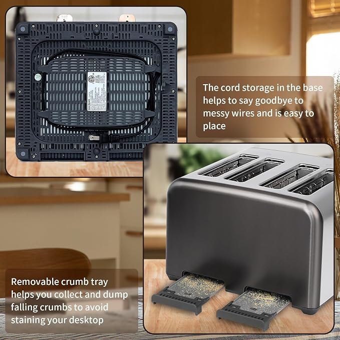 SEEDEEM 4 Slice Stainless Steel Toaster, 1.5" Wide Slots, Dark Metallic | Toaster 4 Slice, 6 Bread Type, 7 Shade Settings, 1.5'' Wide Slots, Cancel/Defrost/Reheat, Removable Crumb Tray, 1800W