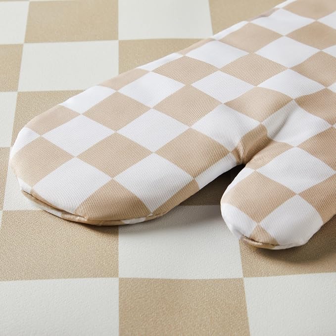 Ohocut Beige Checkered Oven Mitts Heat Resistant, Vintage Retro Checkerboard Cute Oven Mitts, Non-Slip Silicone Kitchen Oven Gloves 1 Pair 7''x13''