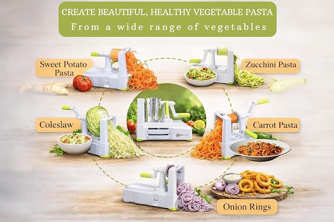 Brieftons 5-Blade Vegetable Spiralizer & Veggie Noodle Maker: Japanese 420-Grade Steel Blades for Zucchini Pasta, Sweet Potato & Beet Noodles, Strong Suction Pad, 4 Recipe eBooks | Keto Vegan Paleo