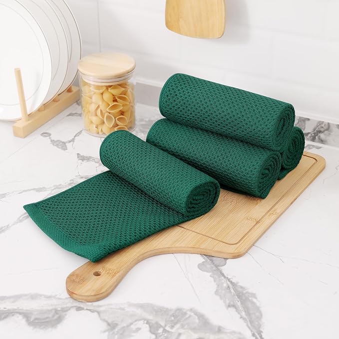 Kitinjoy 100% Cotton Waffle 8-Pack Kitchen Towels, 13" x 28", Dark Green | Super Soft, Ultra-Absorbent, Fast Drying, lightweight, Quick Drying Kitchen Hand Towels