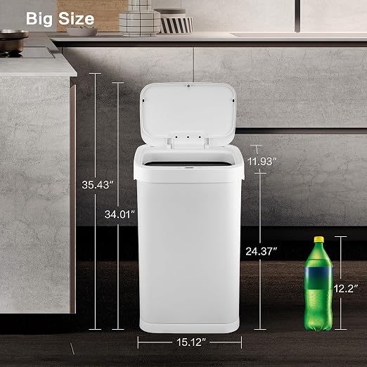 13 Gallon Trash Can, Touchless Stainless Steel Kitchen Bin (White) | Automatic Motion Sensor Lid | 50L Fits 13 Gal Tall Kitchen Bags | Anti-Fingerprint Brushed Finish | For Home Office
