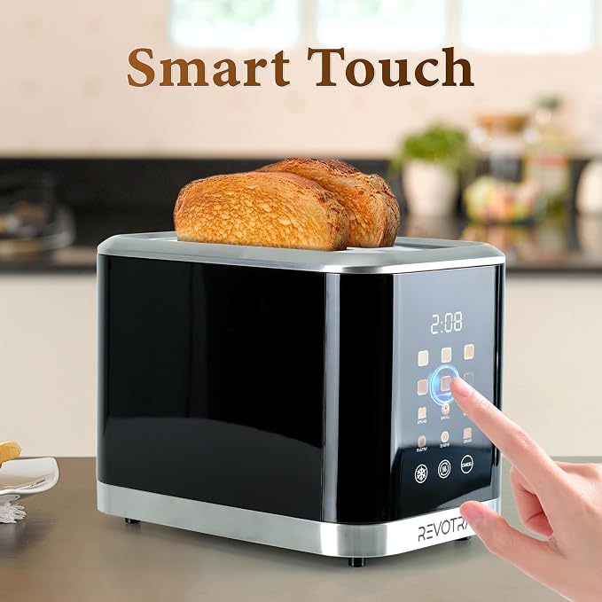 REVOTRA 2 Slice Toaster Stainless Steel with LED Display, Extra Wide Slots | 6 Shade Settings, Defrost/Reheat/Cancel, Removable Crumb Tray, Compact Toaster for Bagels & Waffles