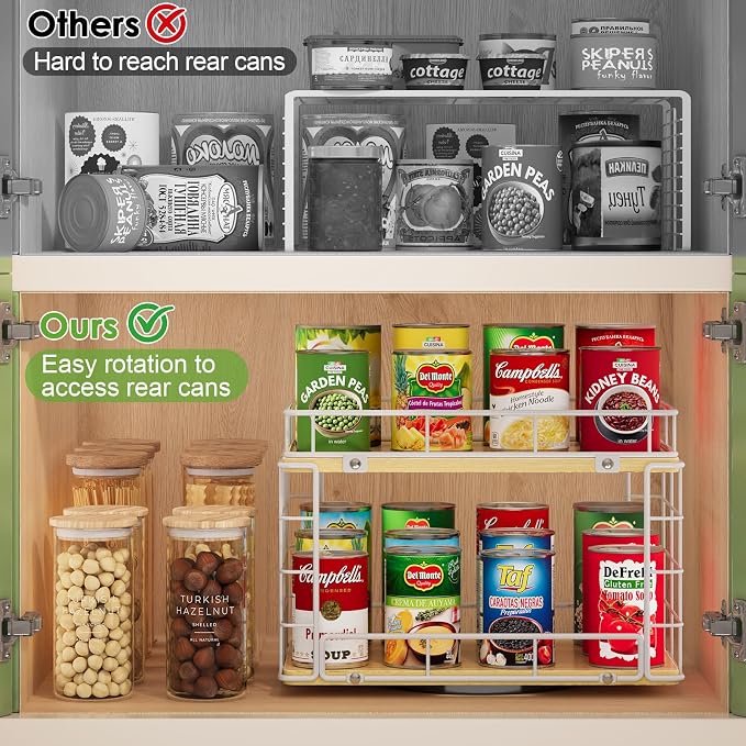 360° Rotating Lazy Susan Can Organizer for Pantry, Holds 26 Cans, White | 2-Tier Metal Wire & Wood Turntable Can Rack Holder, Storage for Canned Goods, Kitchen Pantry Cabinets & Countertops