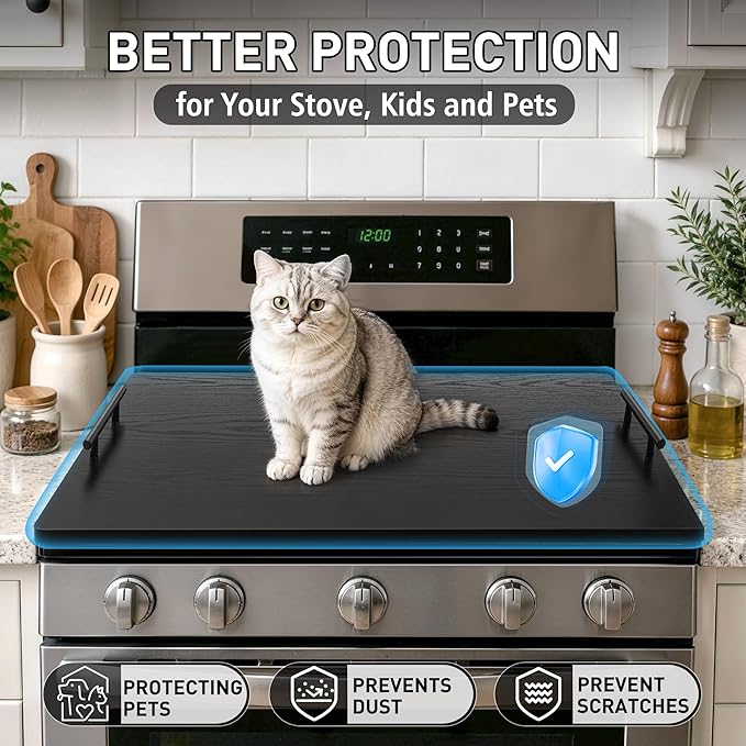 Noodle Board Stove Cover with Handles, Stove Top Covers for Gas Burners and Electric Stove, Wood Stove Cover Board Decorative Serving Tray Kitchen Sink Cover (Black)