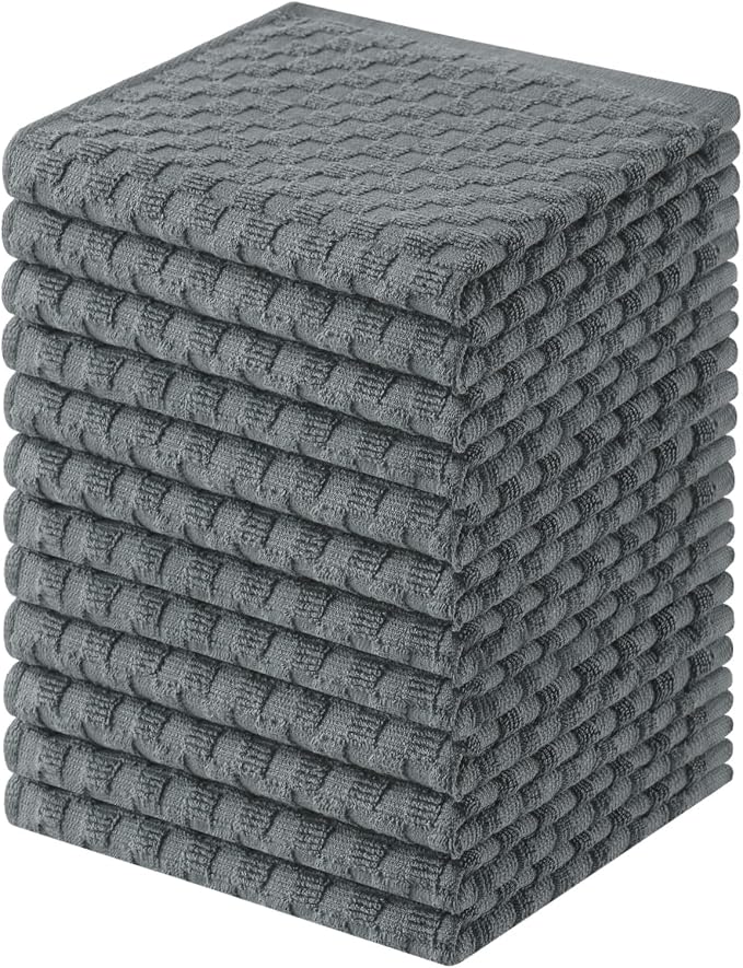 Homaxy 100% Cotton Terry Dish Cloths, 12"x12", 12-Pack, Dark Grey | Ultra Soft Absorbent Dish Towels with Hanging Loop, Pineapple Grid Designed