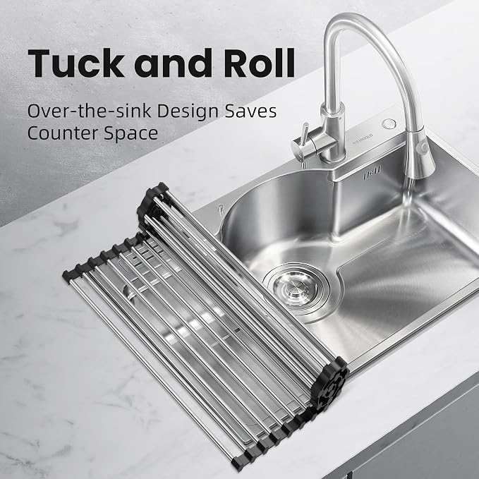 NEZUIBAN Dish Drying Rack with Roll Up and Over Sink for Kitchen,17.5"x11.8",Black