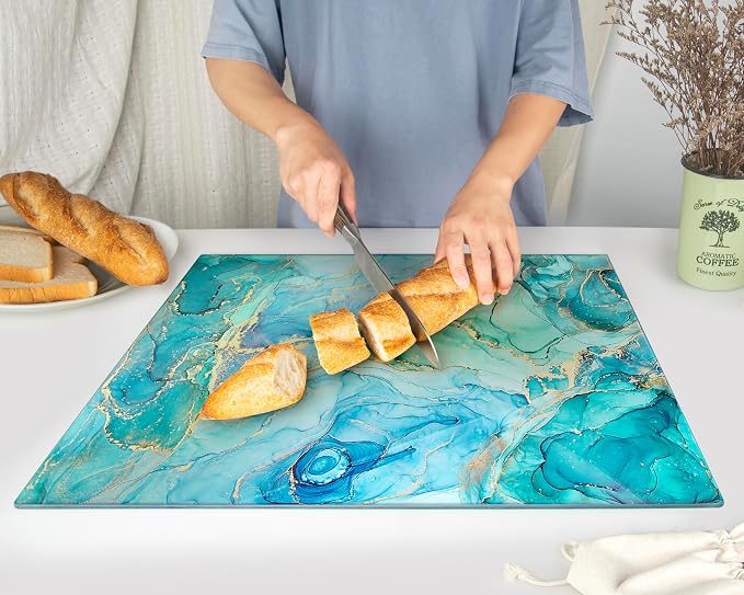 Glass Cutting Board 20”x16”: Tempered Glass Kitchen Counter Protector - Durable- Scratch-Resistant, Heat-Proof - Design 9 - Teal Ocean