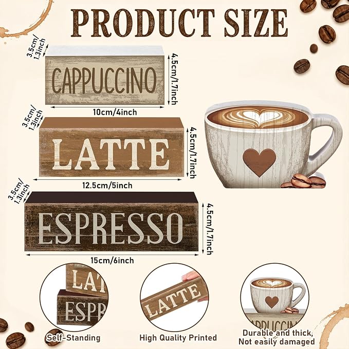 Lineshading 4 Pcs Farmhouse Coffee Bar Signs, Wooden Coffee Stacked Blocks | Vintage Coffee Bar Decor, Coffee Station Accessories with Cappuccino Latte, Table Decor for Home Kitchen Office Tiered Tray