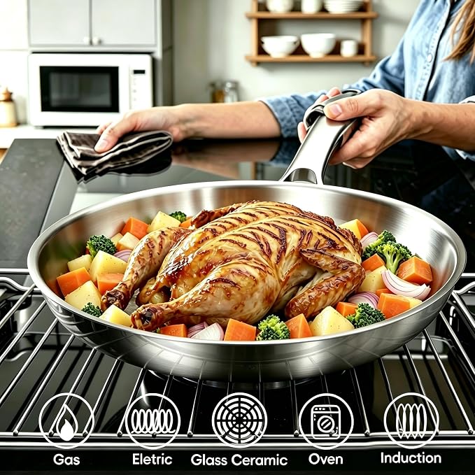 COOKER KING 12 Inch Stainless Steel Frying Pan, Large Skillet,Induction Pan | Rivetless & Non-Toxic, Fast & Even Heating, Oven & Dishwasher Safe, Metal Utensil Safe, Perfect for Cooking for Family