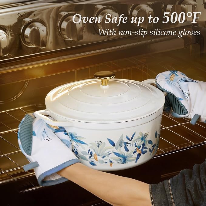 CAROTE 7QT Enameled Cast Iron Dutch Oven Pot with Lid, White & Blue | Sourdough Bread Baking with Cotton Potholders & Oven Gloves, Gift Box, Cookware for Braising, Oven Safe up to 500° F