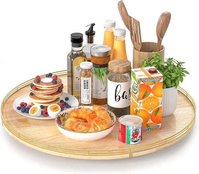 AMH 24-Inch Extra Large Lazy Susan with Solid Oak Base and Black Iron Rail | Smooth rotating oak tray with walnut finish for dining tables, kitchen counters, pantries and cabinet storage.