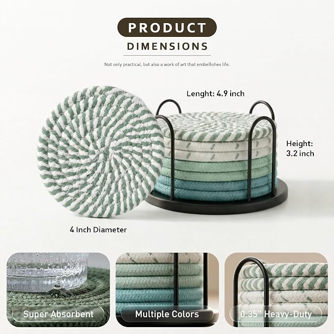 Lazebox Coasters Set of 8 for Drinks, 4 Inch Large Coasters for Coffee Table, Tabletop Protection for Hot & Cold Drinks, Versatile Coasters for Home Decor, Non-Slip & Easy to Clean, Mint Green