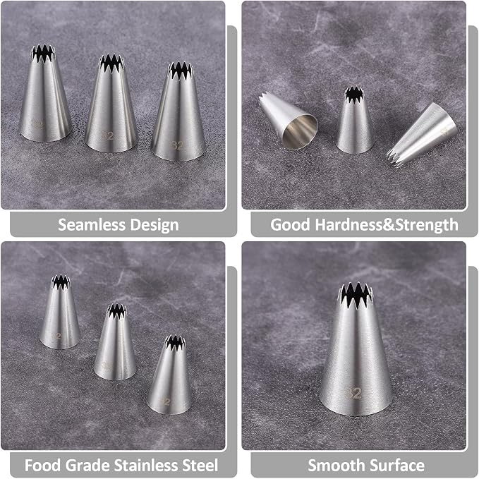 3 Pieces #32 Cake Piping Tip Open Star Icing Tip Seamless Icing Tips Stainless Steel Cupcake Piping Tips for Frosting Macarons Dessert Cake Decorations, Sliver