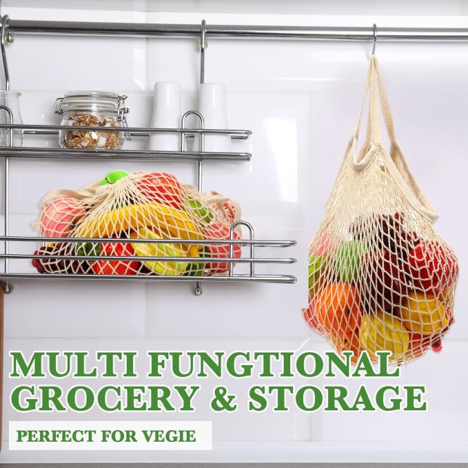 Woanger 24 Pcs Beige Short Handle Reusable Cotton Mesh Produce Shopping Bags Washable Grocery Net Portable Fruit and Vegetable Cotton String Bags Net Tote Organizer (Pack of 2)