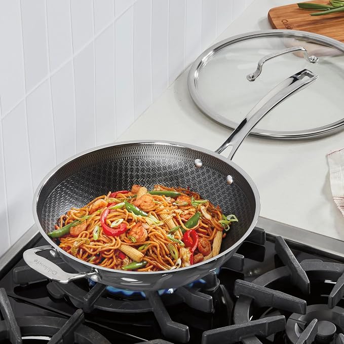 Cuisinart Wok Pan, PurelySear Hybrid, Stainless Steel, 12 Inch | Hybrid stainless steel wok with lid for stir-fry/steaming, ceramic pan, induction compatible, oven safe to 500°F, FPS26-30HC