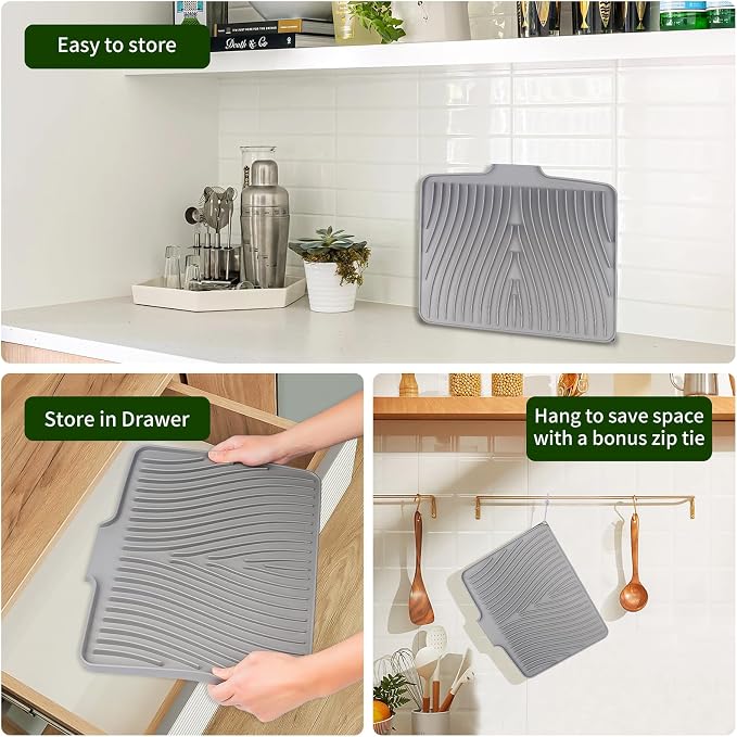 Silicone Dish Drying Mat for Kitchen Counter, 16" x 13" Grey-1pcs | Heat Resistant & Non-Slip Dish Drain Pad with Built-In Drain, Quick-Dry, Hangable & Roll-Up for Storage，Multi-Functional Use