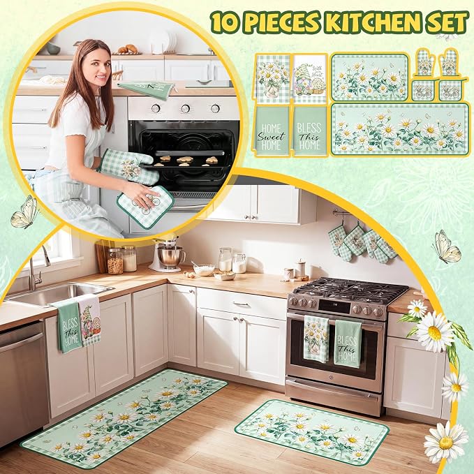 Fourluoo 10 Pcs Daisy Kitchen Decor Set Towels Rugs Oven Mitts and Pot Holders Daisy Kitchen Accessories Set for Cooking Baking Grilling Housewarming Gift