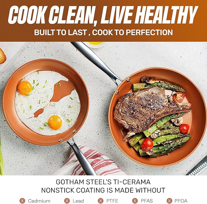 Gotham Steel 9.5 Inch Copper Non Stick Frying Pans Skillet | Ceramic Non Toxic Coating Made Without PFOA/PTFE/PFOS, Lightweight, Stay Cool Handle, Oven and Dishwasher Safe