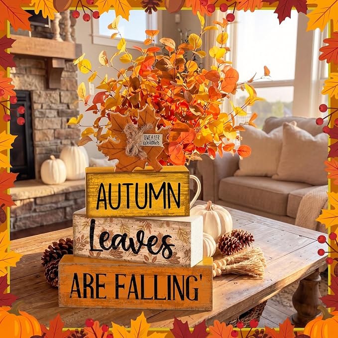 Lineshading 4 Pcs Wooden Fall Block Signs Farmhouse Tabletop Tiered Tray | Rustic Autumn Theme, Stackable Wooden Blocks for Mantel Shelf, Thanksgiving Seasonal Gift, Farmhouse Style Home Accents