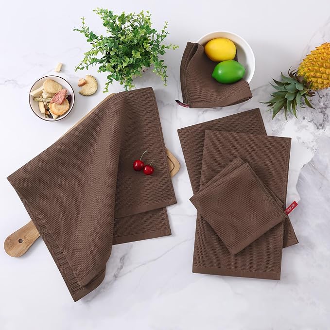 Homaxy 100% Cotton Waffle Weave Dish Cloths, 6 Pack, Coffee | Soft and Absorbent Dish Towels, 12 x 12 Inches Quick Dry Dish Rags