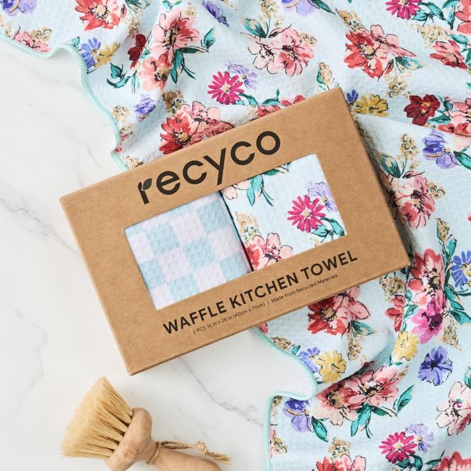 RECYCO Waffle Kitchen Towel Set of 2 - Quick Dry Microfiber Sustainable Dish Towels - Absorbent Reusable Cleaning Tea Towels - Lightweight Hand Towels,16”x 28”, Cuckoo Checker