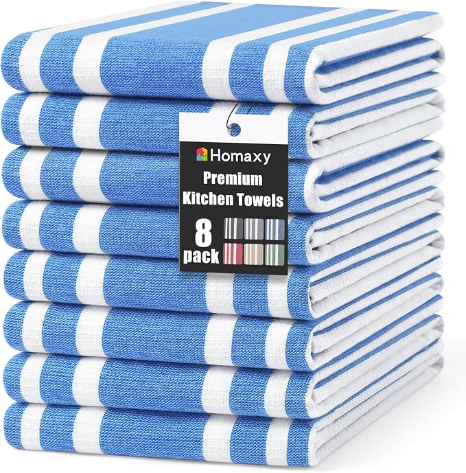 Homaxy Premium Cotton Stripe Kitchen Towels 8 Pack, 18"x 28", Blueberry | Large 380 GSM Kitchen Hand Towels, Soft Terry Dish Towels, Highly Absorbent Tea Towel Set with Hanging Loop
