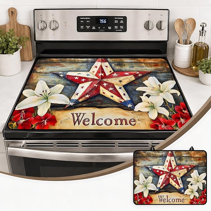Patriotic Electric Stove Top Cover, Heat Resistant Glass Cooktop Protector for Kitchen Ceramic Countertops, Multiuse Stove Cover and Dish Drying Mat