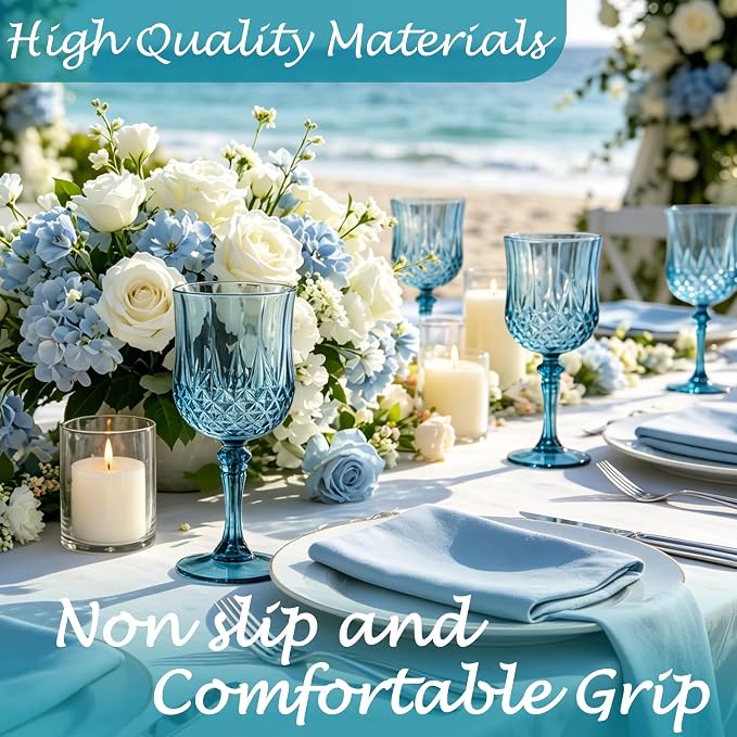 24Pack Plastic Wine Glasses, 7oz Vintage Goblets for Wedding | Unbreakable Crystal Style Reusable Stemware, Elegant Dusty Blue Drinking Glass for Party Anniversary & Holiday Celebration