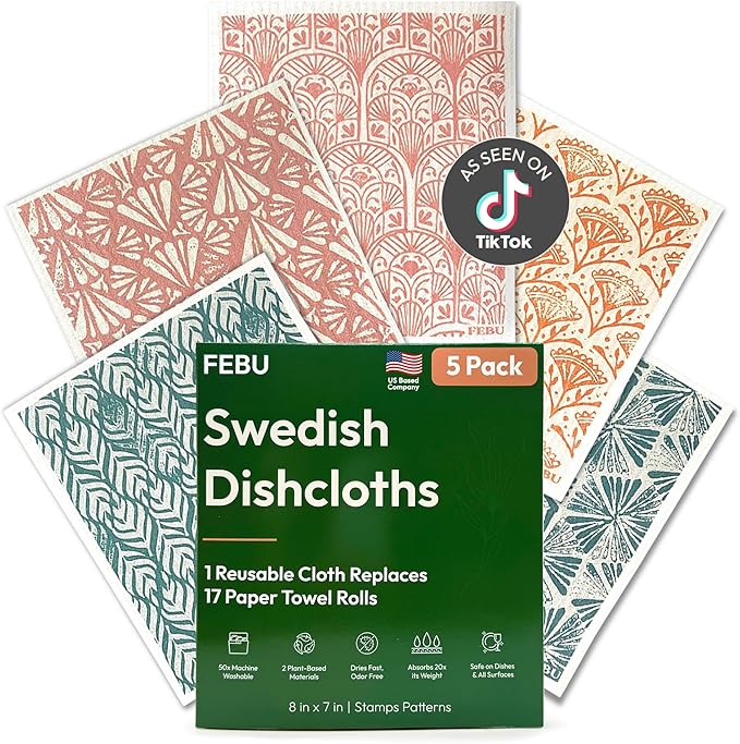 Swedish Dishcloths for Kitchen, 5 Pack, Stamps | Reusable Paper Towels Washable, Non-Scratch Cellulose Sponge Cloths, No Odor, Biodegradable