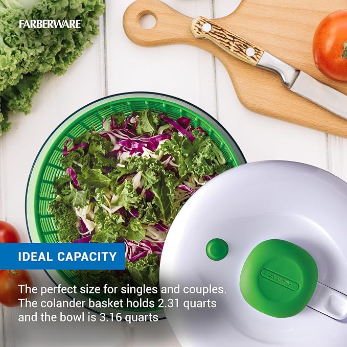 Farberware Pro Small Salad Spinner with Pump Lid, 3.16 Qt Lettuce Spinner and Fruit Washer Bowl with Colander Basket, One-Handed Operation, Nonslip Base
