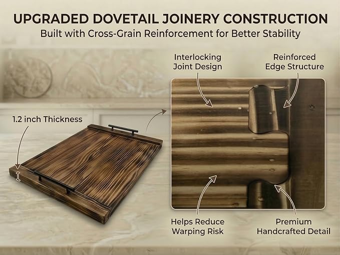 Noodle Board Stove Cover, 30 x 22 Inch Wooden Stove Top Cover with Handles, Pine Wood Stovetop Cover with Cross-Grain Dovetail Design for Extra Counter Space, Brown