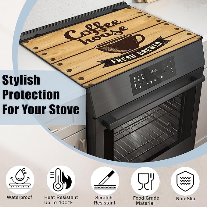 Coffee Cup Glass Top Stove Cover Protector,Rustic Wood Board Heat Resistant Stove Top Cover, Large Size Range Covers for Electric Stove Countertop Mat, 28 x 20 Inch