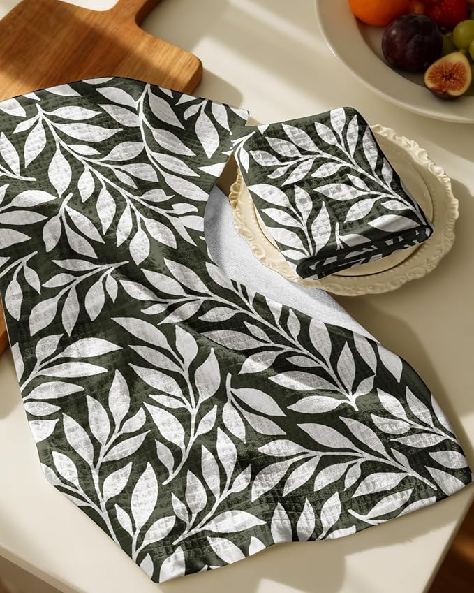 370GSM Cotton Waffle Kitchen Towels, Leaf | Pure Cotton, Sustainable, Waffle Weave, Terry Cloth, Highly Absorbent, Decorative, 16"x25", with Hanging Loop