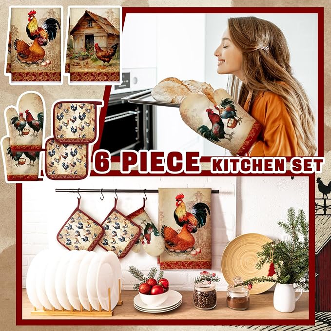 Leinuosen 6 Rooster Farmhouse Kitchen Decor Dish Towels Oven Mitts and Pot Holders Sets Chicken Kitchen Towels Absorbent Decorative Accessories for Cooking Baking Grilling