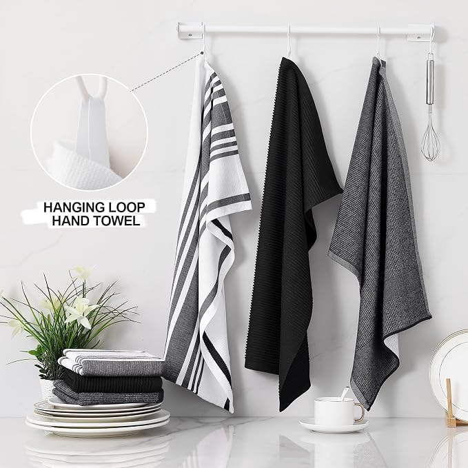 Homaxy Cotton 380 GSM Premium Kitchen Towels, 18"x 28", 6 Pack, Black | Soft and Absorbent Terry Dish Towels, Multipurpose Tea Towel Set with Hanging Loop, 3 Styles Kitchen Hand Towels