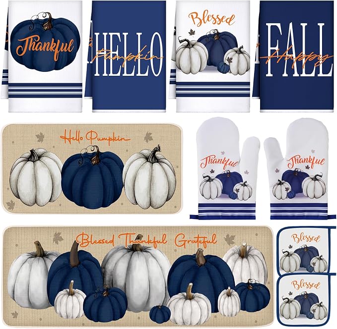 Fanfanwin 10 Pcs Fall Pumpkin Kitchen Decor Set Blue White Pumpkin Kitchen Rugs Towels Pot Holders Oven Mitts for Thanksgiving Autumn Baking Cooking Home Gift