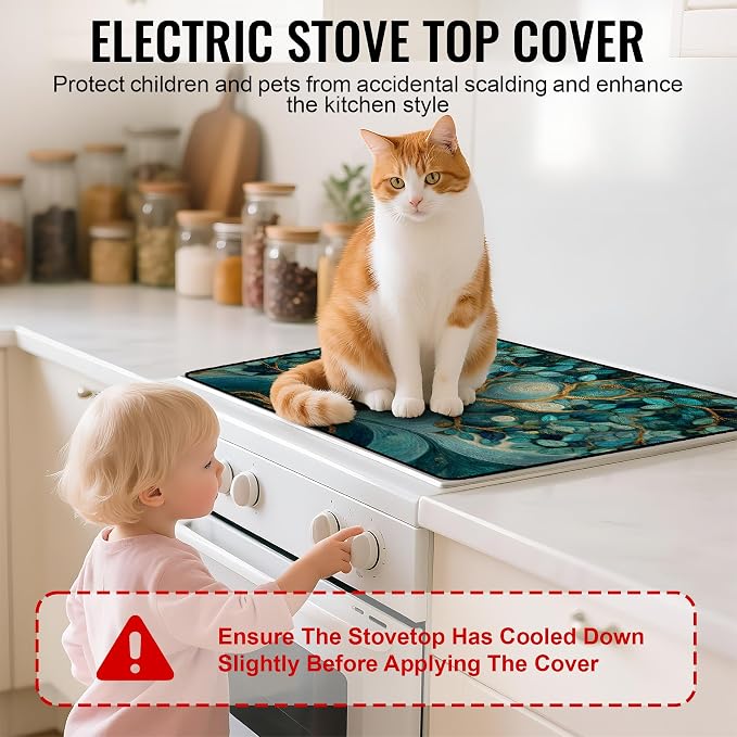 NYZE Stove Top Cover for Electric Stove 28x20 Inch Silicone Stove Topper & Protector, Decorative Kitchen Mat for Electric/Glass Stove Top (Teal Swirl Tree)
