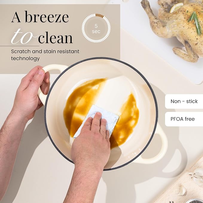 Cast Iron Pot with Lid-Non-Stick Ovenproof Enamelled Casserole Pot, Oven Safe up to 500° F-Sturdy Dutch Oven Cookware - Cream, 5-Quart, 24cm-by Nuovva