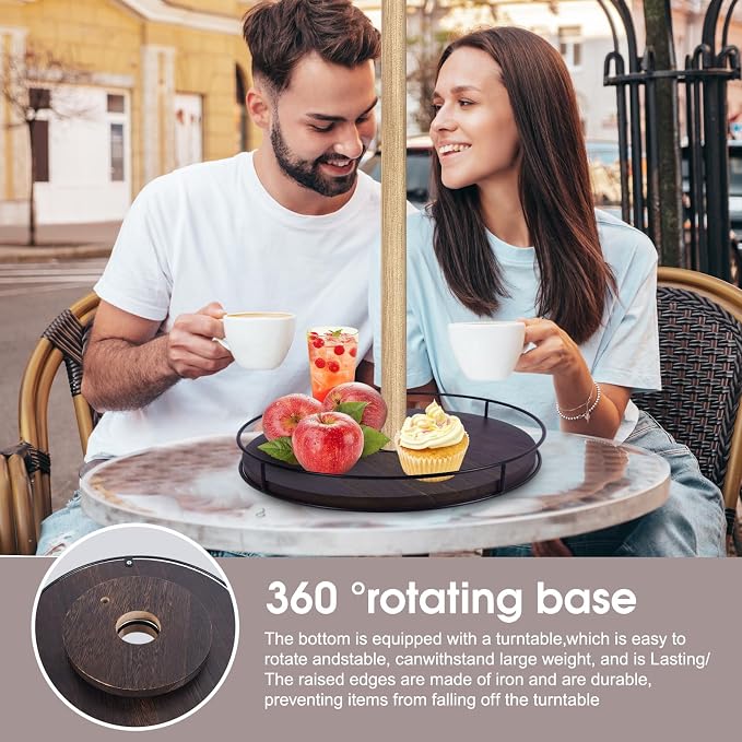 12" Lazy Susan with Umbrella Hole for Outdoor Patio Table - 360° Rotation Iron Turntable Organizer for Beach Umbrellas Patio Garden Swimming Pool (Brown)