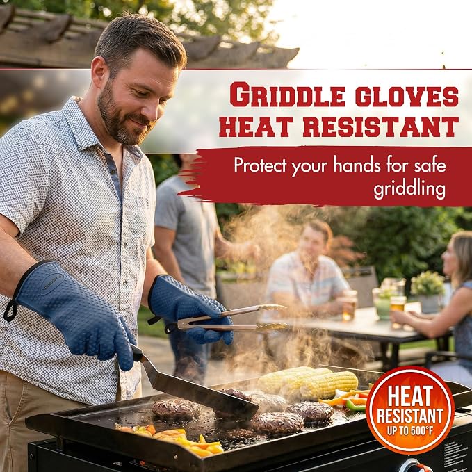 KITCHEN PERFECTION Silicone Griddle Grill Gloves Heat Resistant Oven Mitts | Waterproof, 5-Finger Design For A Better Grip, Best Griddle Grilling Accessories, Compatible with Blackstone, Weber & More