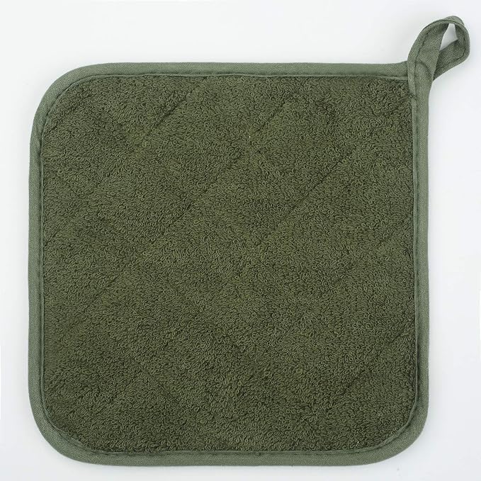 Pot Holders for Kitchen, 100% Cotton Terry Pot Holder Set of 5, Heat Resistant Hot Pads for Cooking, Baking, Hot Dishes and Countertop Protection, Olive Green