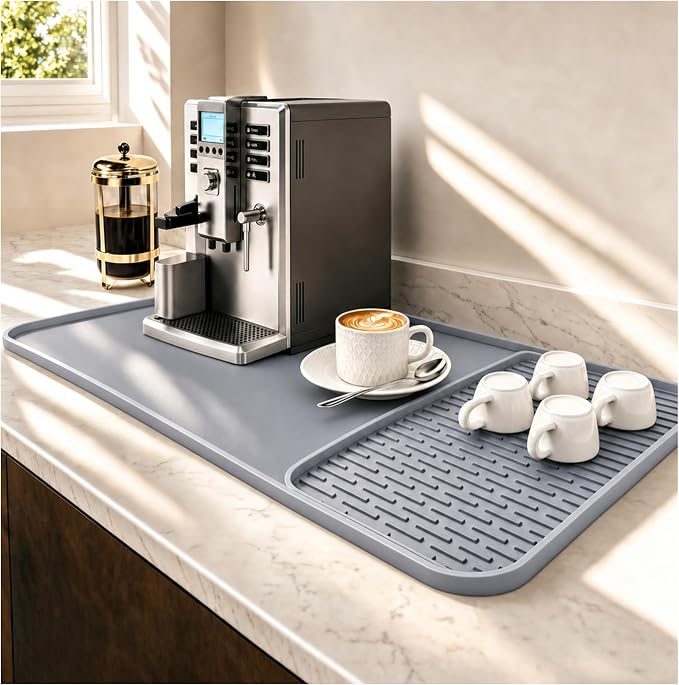 Caketime 2 In 1 Silicone Coffee Bar Mat Accessories for Keurig Coffee Maker with Detachable Dish Drying Rug Kitchen Counter Under Sink Drainer Necessities Rome Decor 16"x20" Light Gray